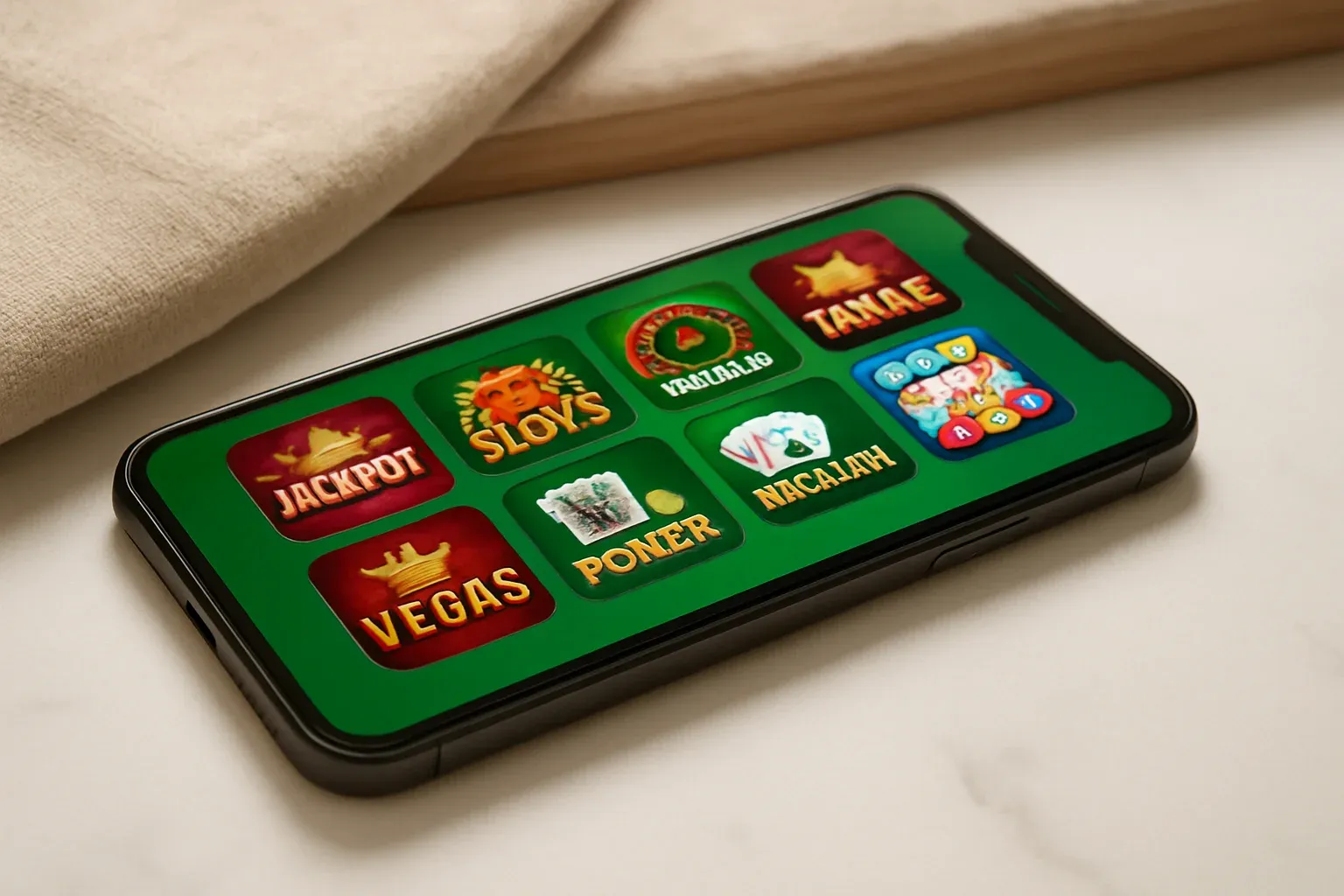 Smartphone on white marble showing bright casino game selection grid