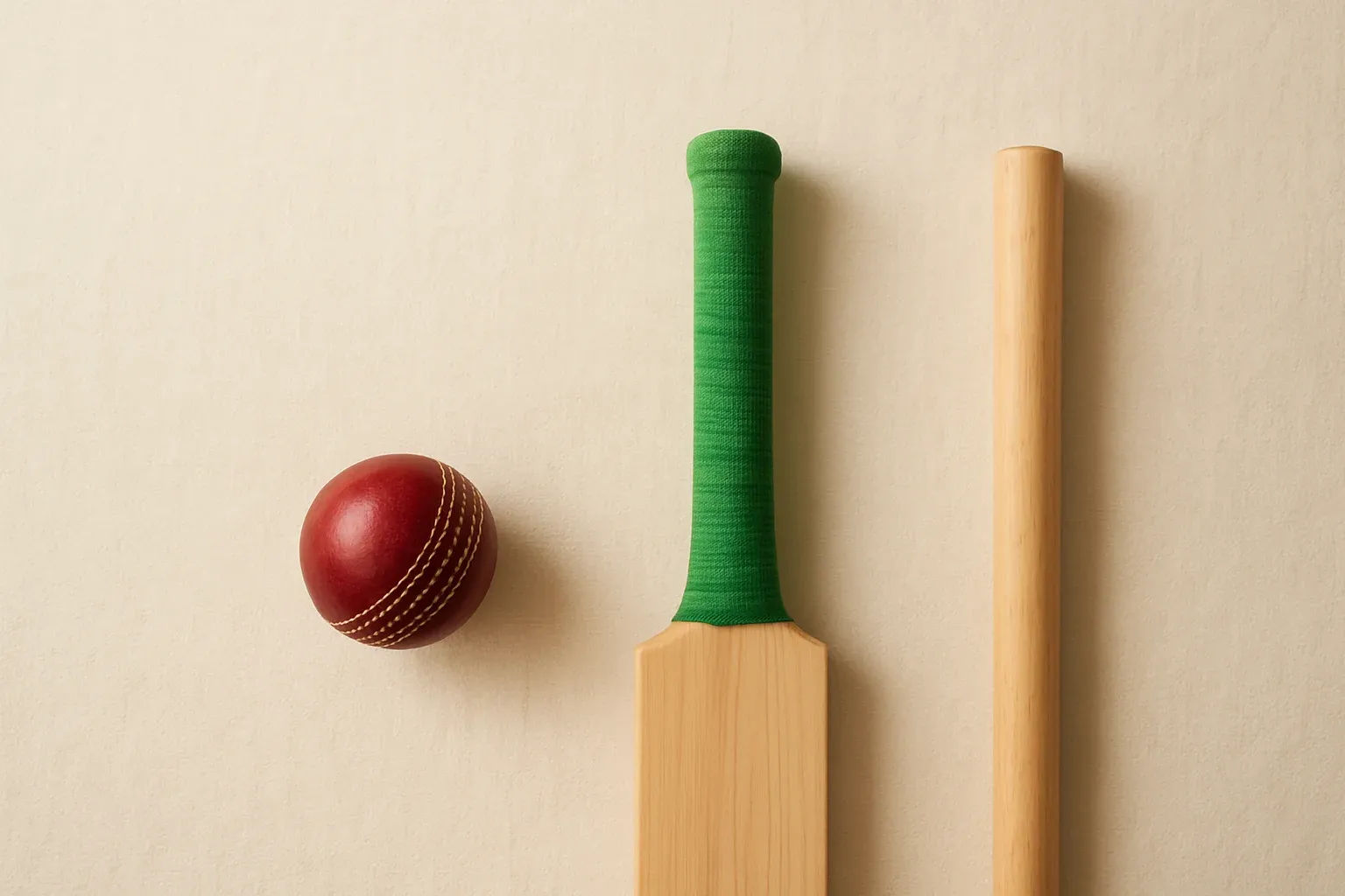 Overhead flat lay of cricket ball, bat handle and stump