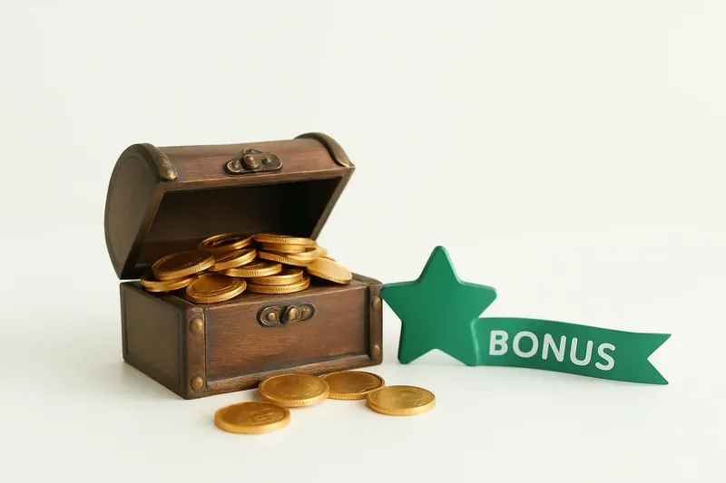 Open treasure box spilling gold coins with star badge and bonus ribbon