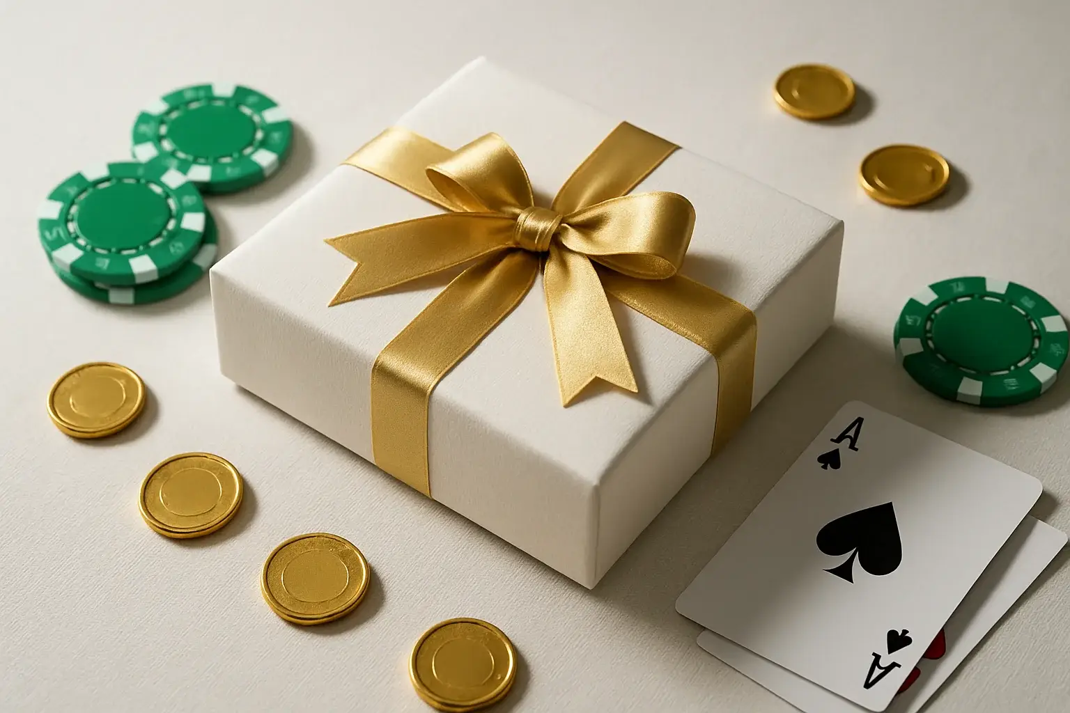 Premium gift box with casino chips, cards, and gold coins