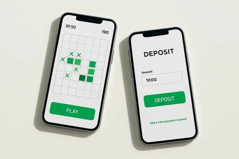 Two smartphones on cream background showing game grid and deposit screen