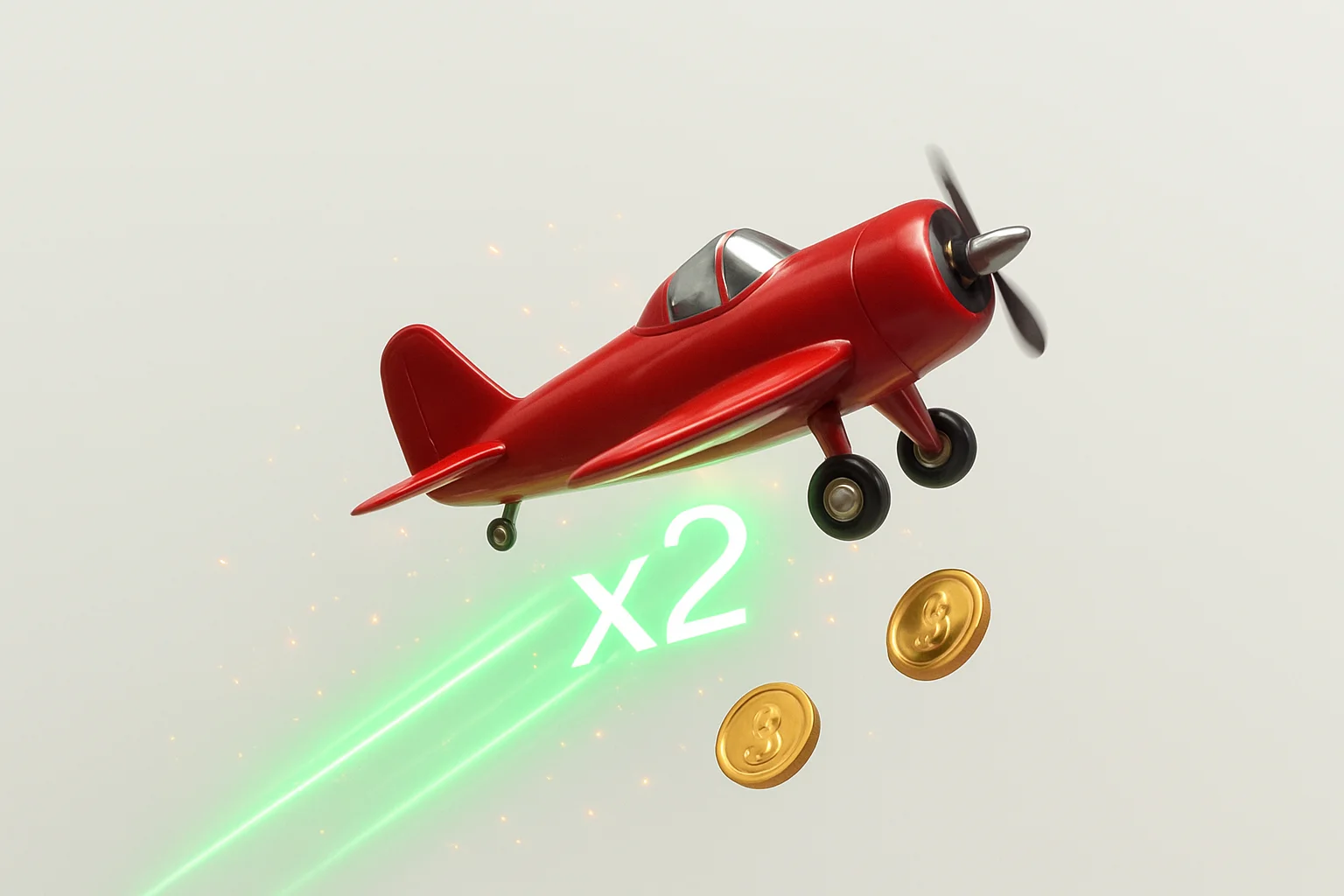 Aviator Crash Scene Red airplane climbing with glowing multiplier trail, coins, and sparks