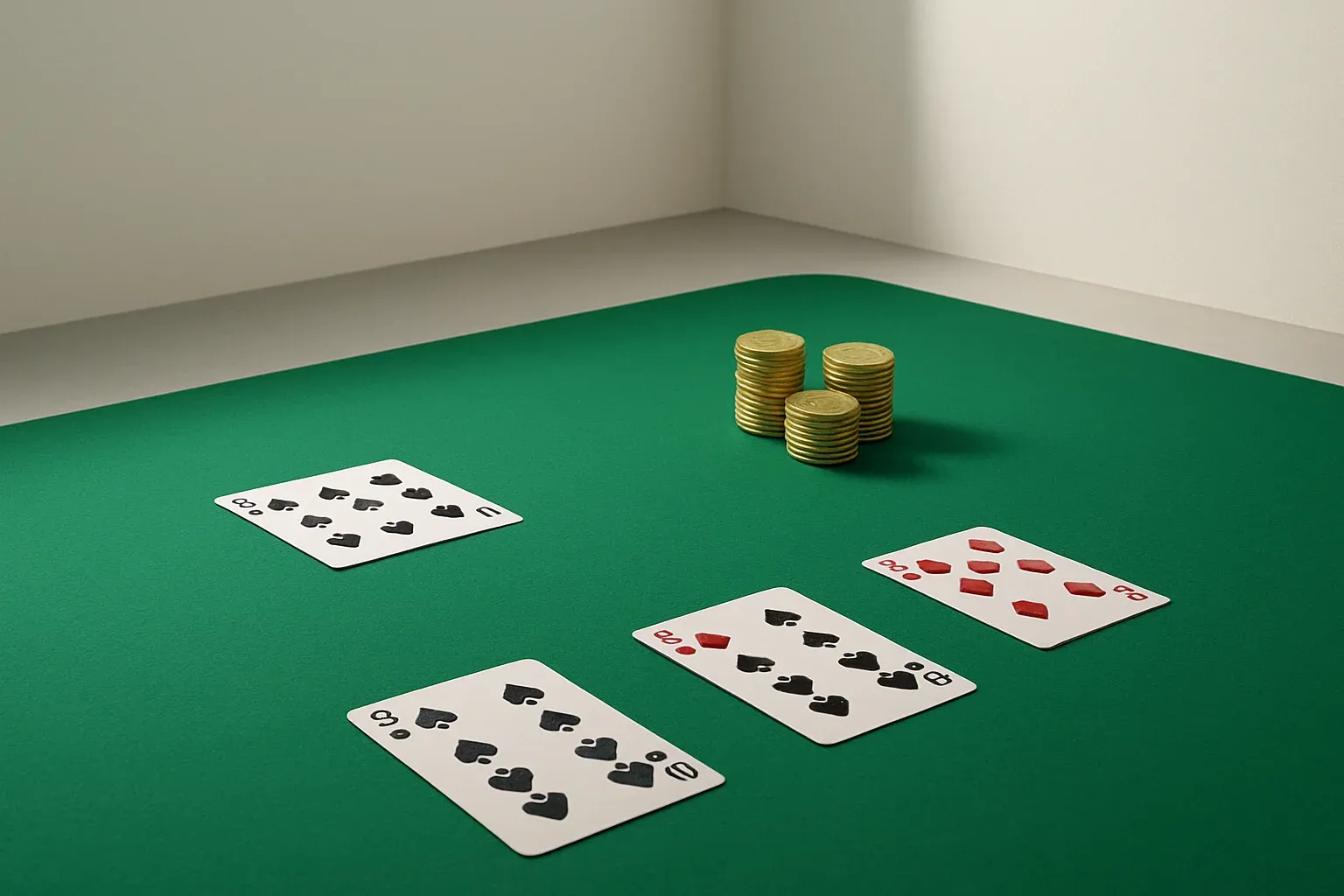 Green felt casino table with arranged cards and stacked gold chips