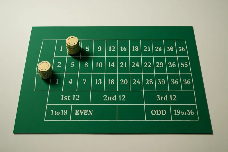 Top-down roulette table layout with gold chip stacks on green felt