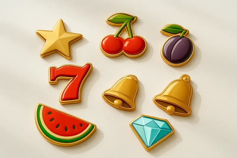 Assorted casino slot icons with fruit, diamonds, lucky sevens, and stars