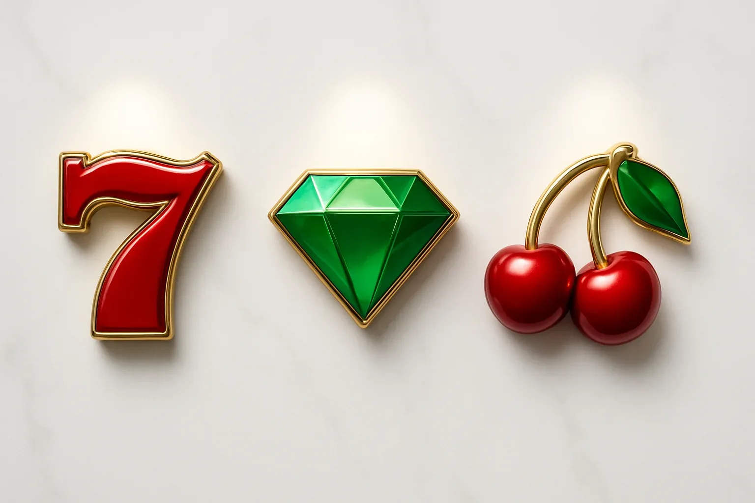 Three polished slot symbols on white marble with warm spotlights